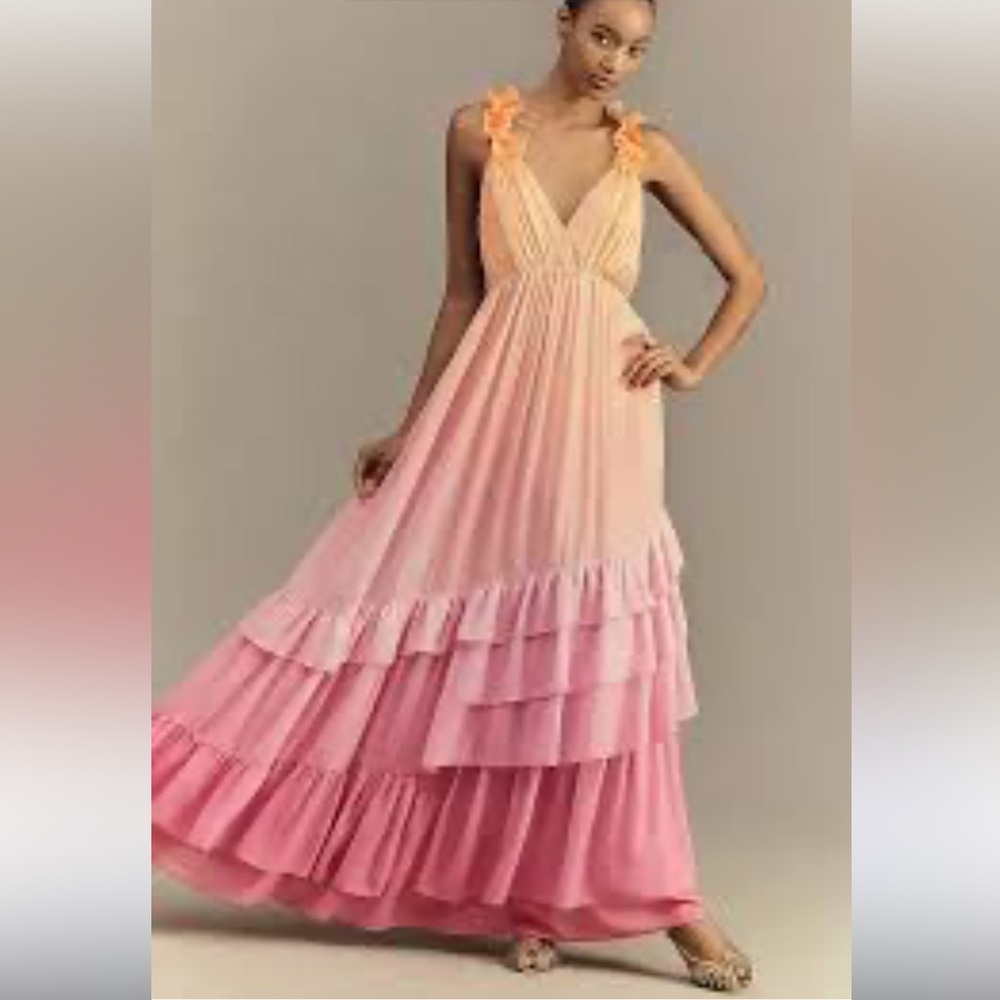 BHLDN Alicia V-Neck Ruffle Maxi Dress - Pink and Peach Ombre